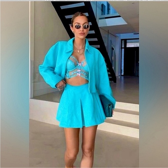 ZARA Tweed Pleated Mini Skirt Sky Blue New - Picture 4 of 12